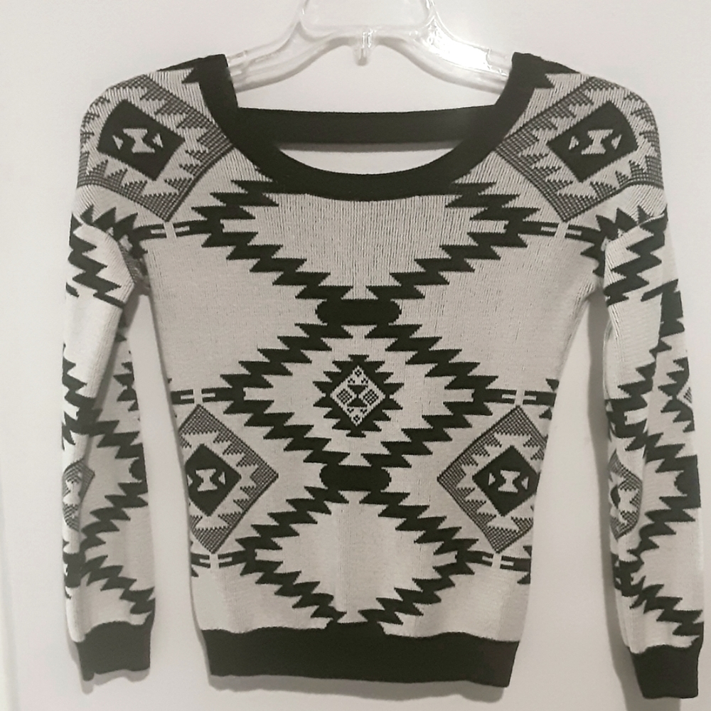 Cotton blend scoop back Aztec Sweater drop shoulders